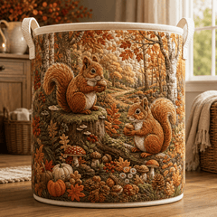 Woodland Squirrel Quilt Laundry Basket Autumn Animal Storage Bin Gift For Her