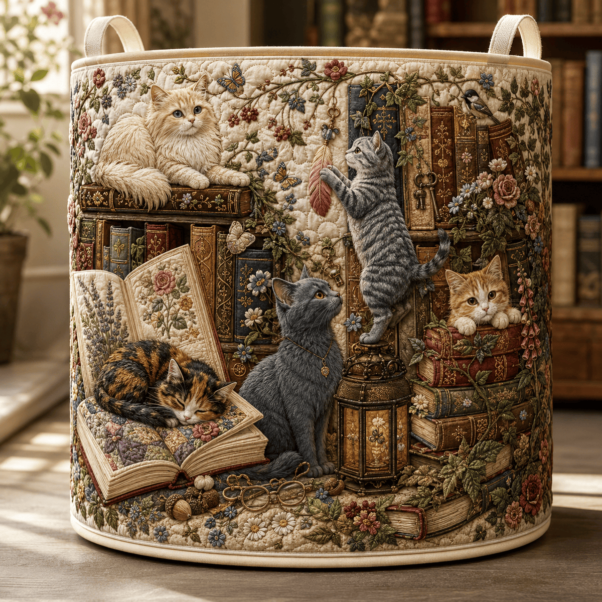 Bookish Whisker Quilted Laundry Basket Cat Bookshelf Clothes Hamper Cute Housewarming Gifts