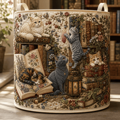 Bookish Whisker Quilted Laundry Basket Cat Bookshelf Clothes Hamper Cute Housewarming Gifts