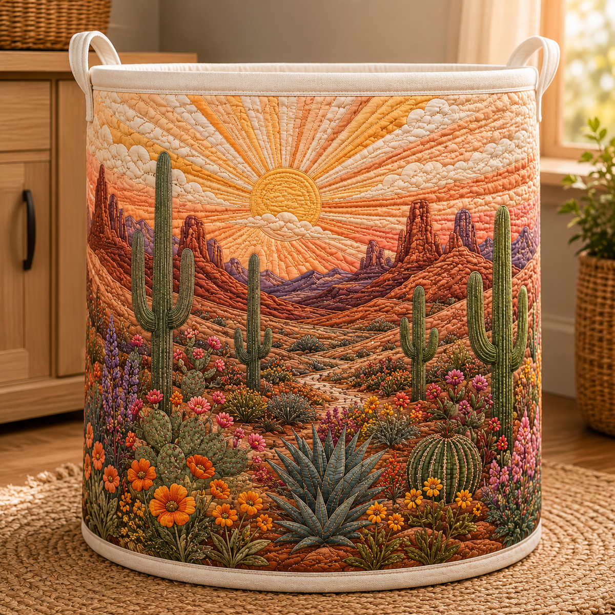 Cactus Field Quilted Laundry Basket Desert Cactus Succulent Clothes Hamper Housewarming Gifts