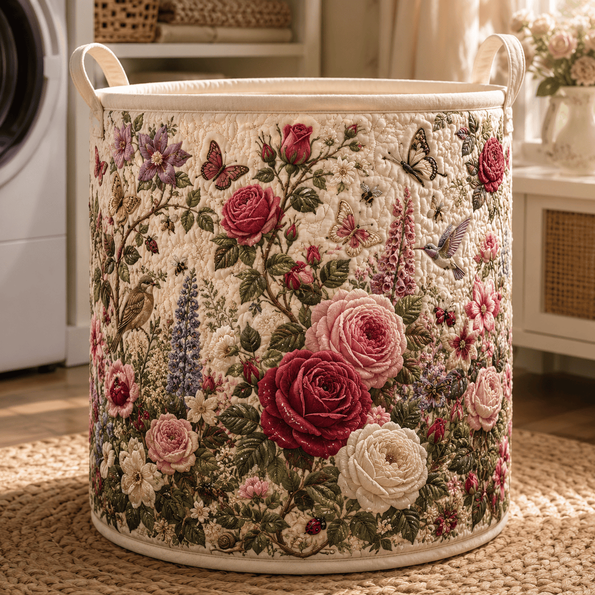 Garden Harmony Quilted Laundry Basket Rose Flower Bush Clothes Hamper Perfect Gifts