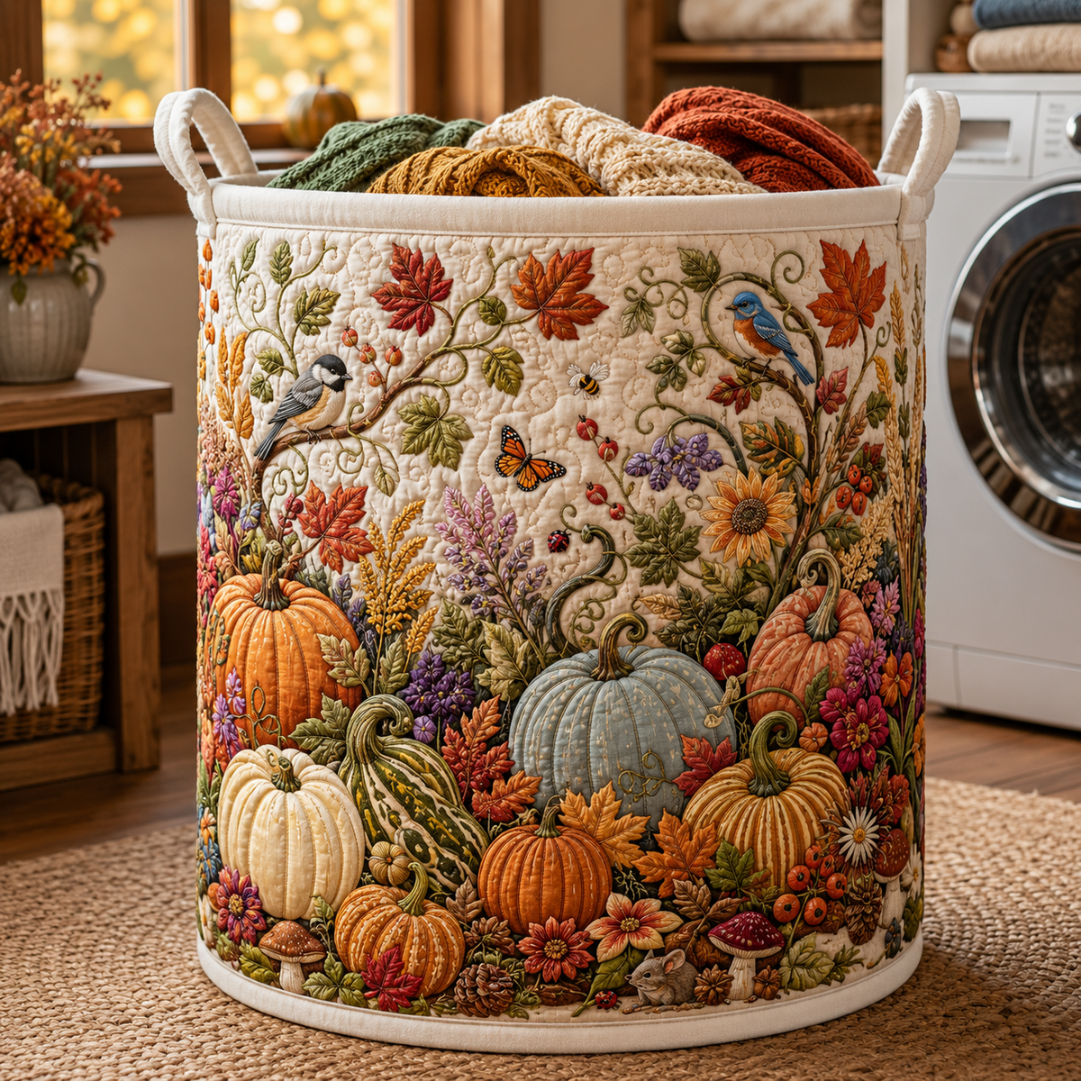 Harvest Garden Quilted Laundry Basket Autumn Pumpkin Clothes Hamper Fall Housewarming Gifts