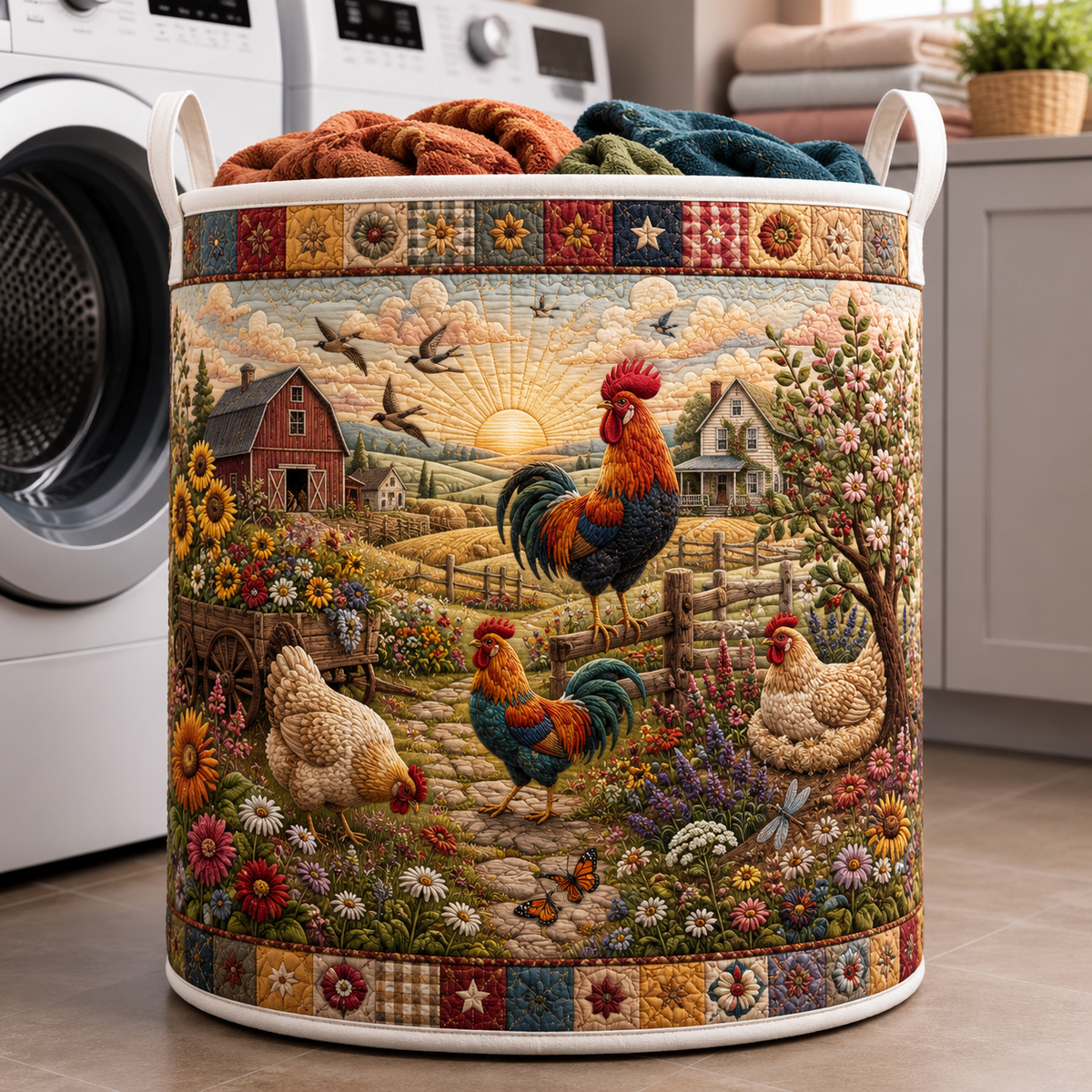 Sunrise Farmyard Quilted Laundry Basket Rooster Chicken Clothes Hamper Farm Gifts