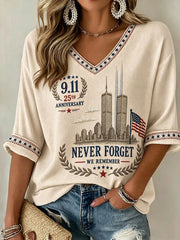 9 11 25th Anniversary Never Forget V-Neck Long Sleeve Shirt 911 Apparel Tribute Gifts