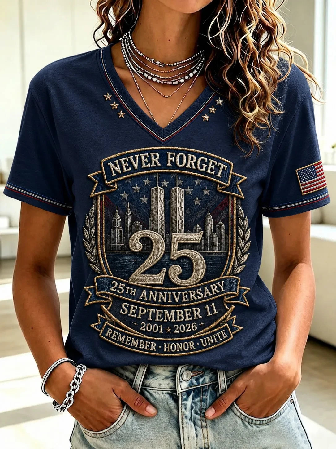 9 11 25th Anniversary Never Forget Tribute V-Neck Shirt September 11th Commemorative Shirt