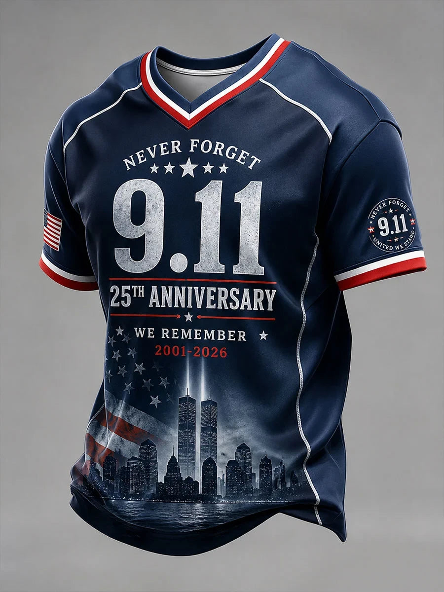 911 25th Anniversary Never Forget V-Neck Shirt American Flag Apparel Patriotic Gift For Him
