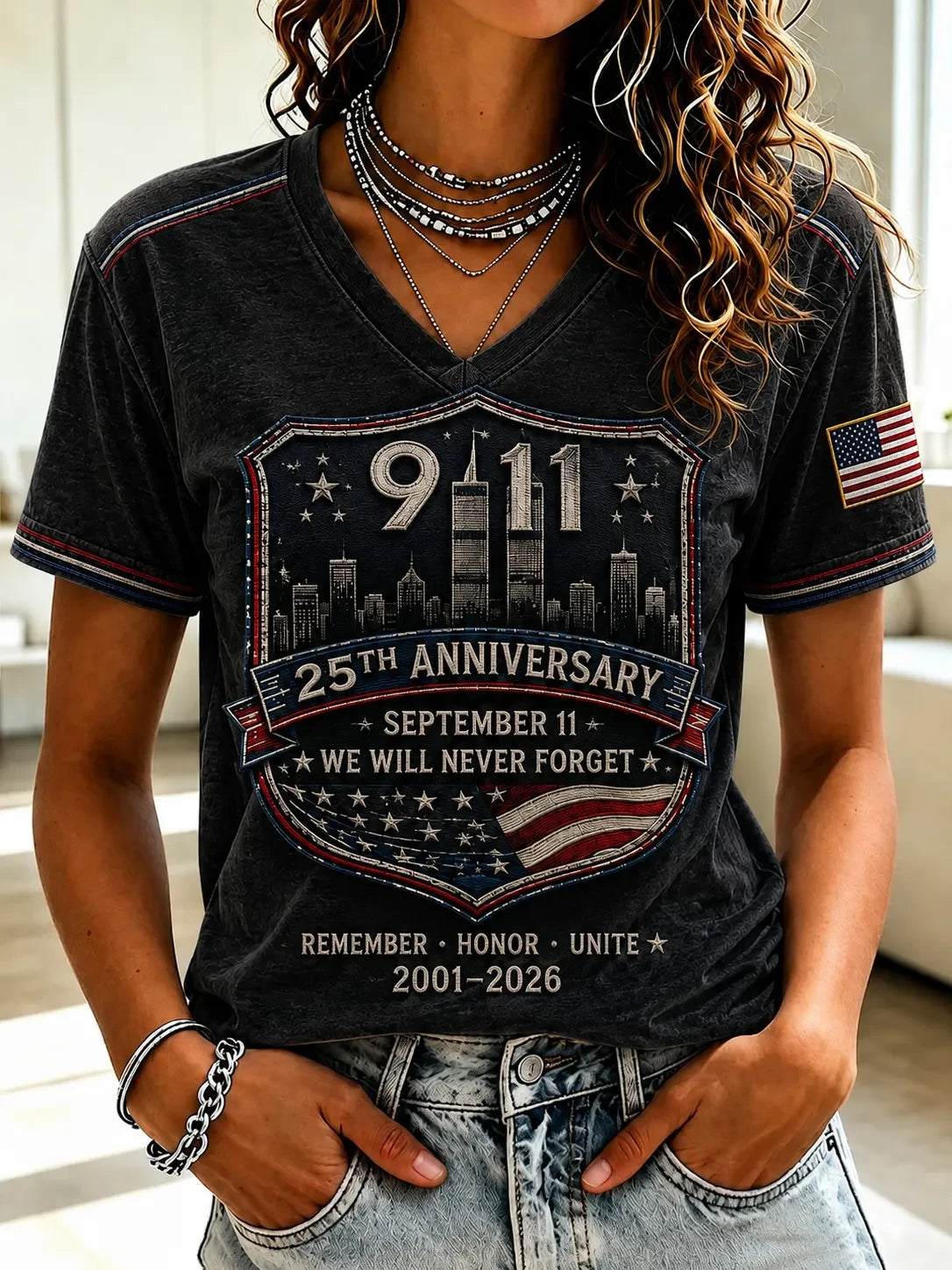 9 11 25th Anniversary Never Forget V-Neck Shirt 911 Memorial Tee Best Gift Ideas