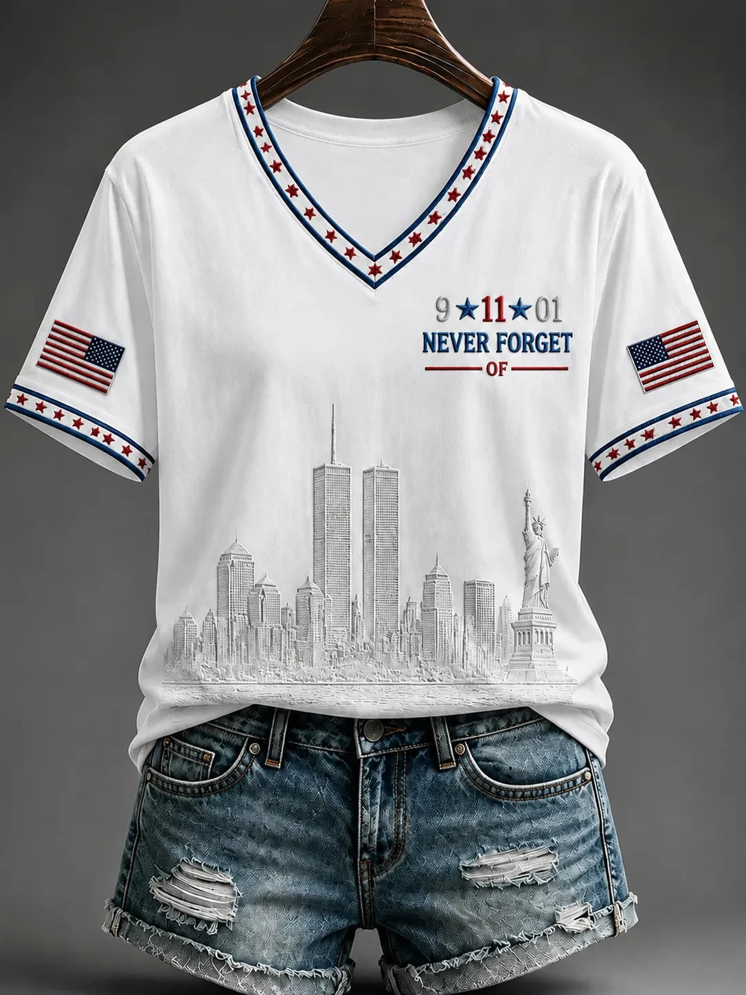 911 25th Anniversary Never Forget V-Neck Shirt 911 Tribute Apparel Patriotic Gift Ideas