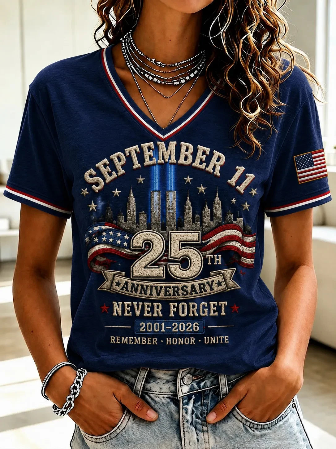 911 25th Anniversary Never Forget Patriotic V-Neck Shirt 9 11 Memorial Tee Best Gift Ideas