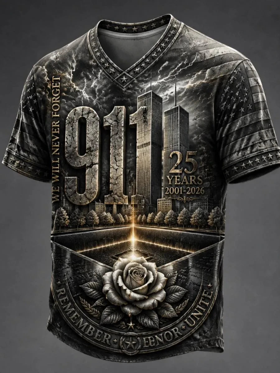 911 25th Anniversary Never Forget Vintage V-Neck Shirt 911 Clothes Memorial Gift Ideas