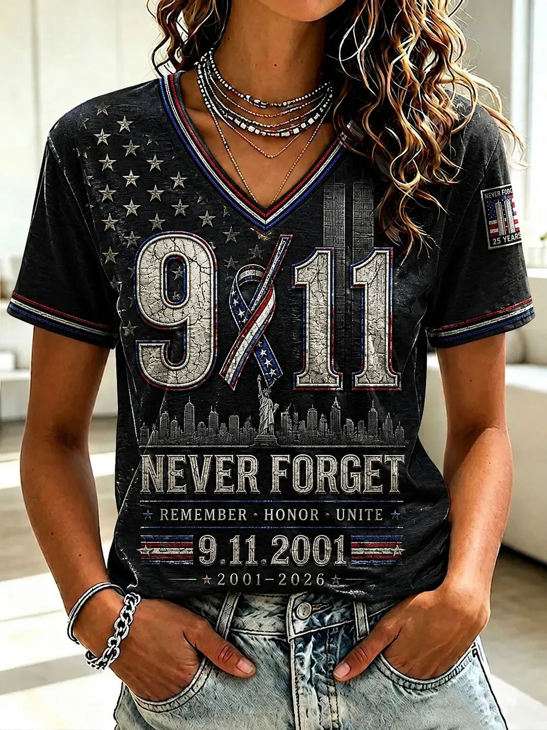 911 25th Anniversary Never Forget V-Neck Shirt 9 11 Clothes Best Gift For Patriot Day