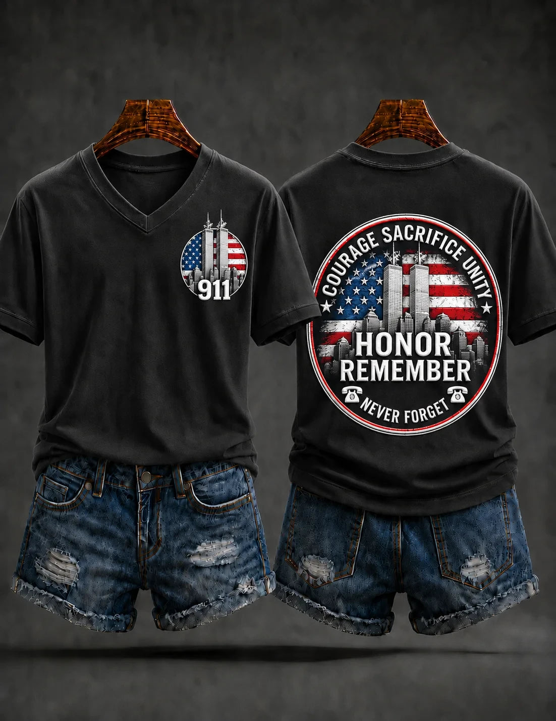 911 25th Anniversary Never Forget V-Neck Shirt 911 Tribute Apparel Memorial Clothing