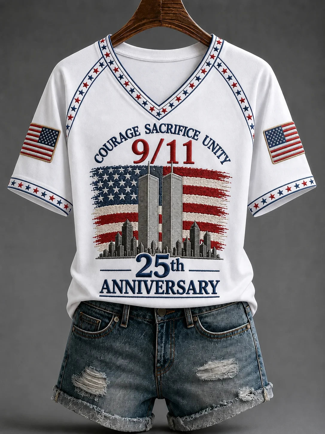 911 25th Anniversary Never Forget V-Neck Shirt 911 Clothing Patriot Gift