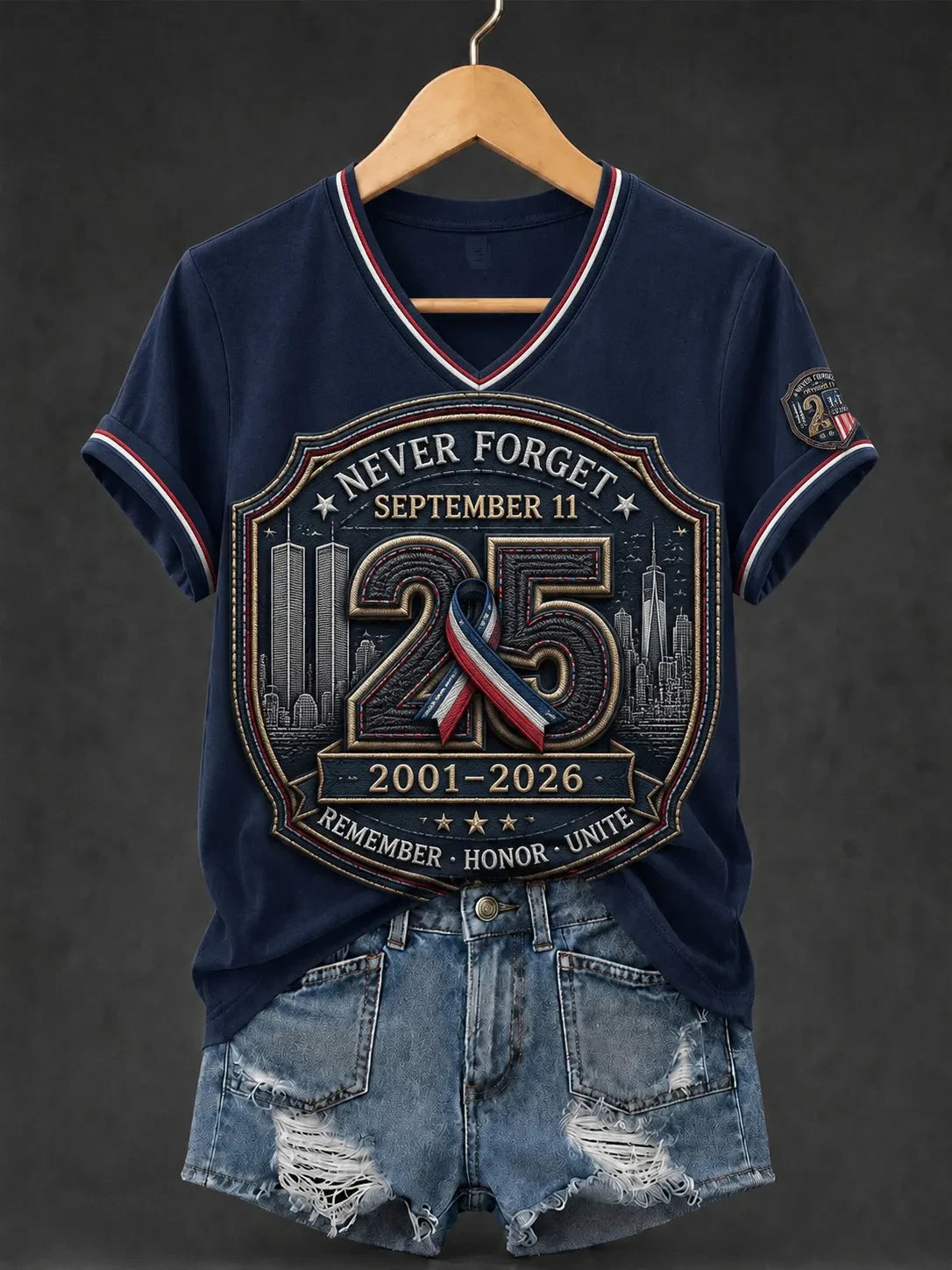 911 25th Anniversary Never Forget V-Neck Shirt 911 Apparel Patriot Day Gifts