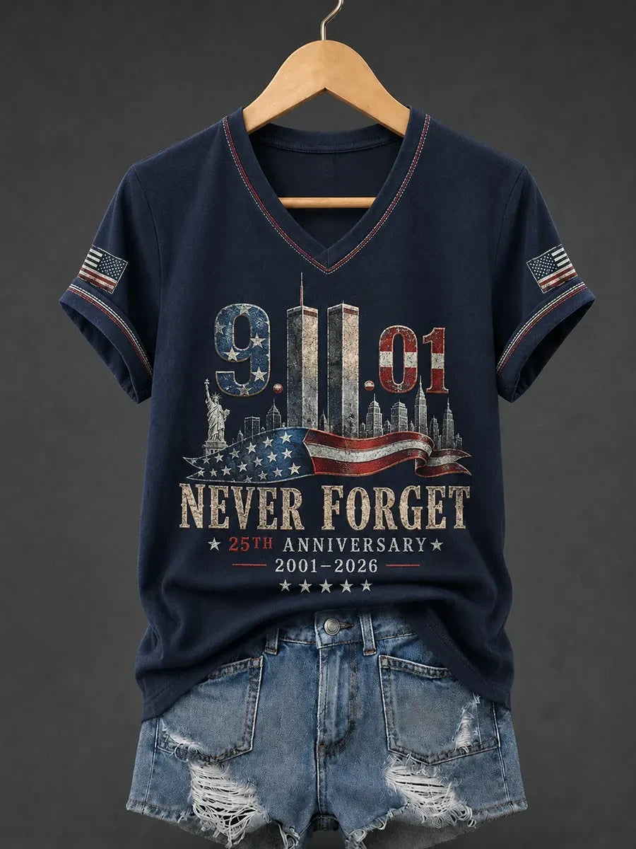 911 25th Anniversary Never Forget V-Neck Shirt 911 Memorial Clothing Unique Gift Ideas