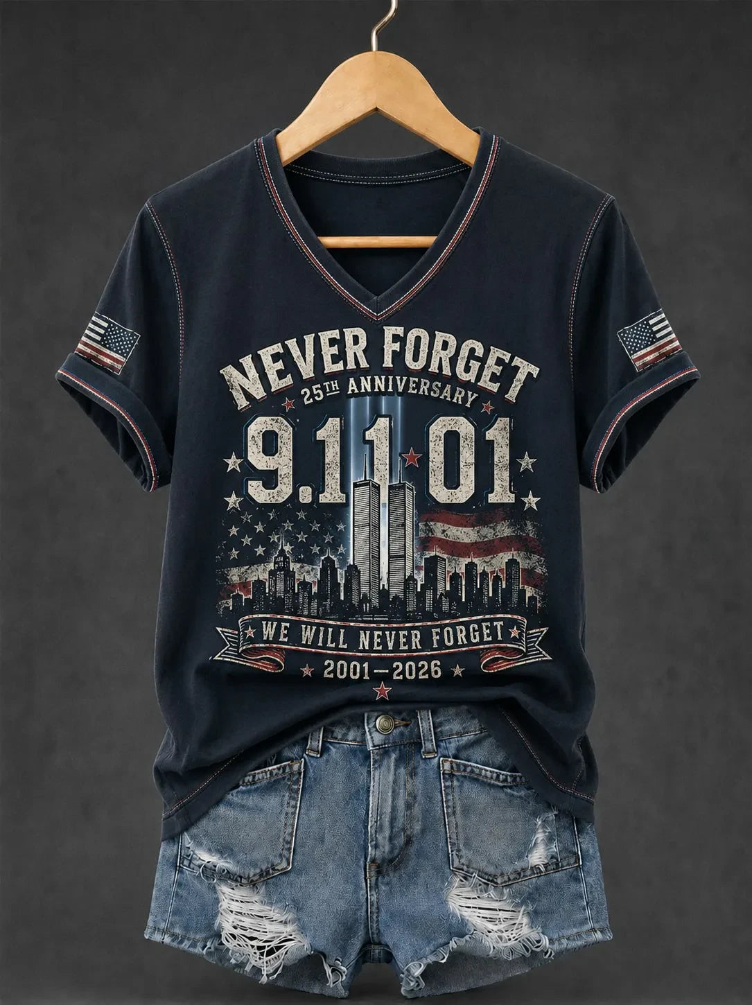 911 25th Anniversary Never Forget V-Neck Shirt 911 Memorial Tee Patriotic Gifts
