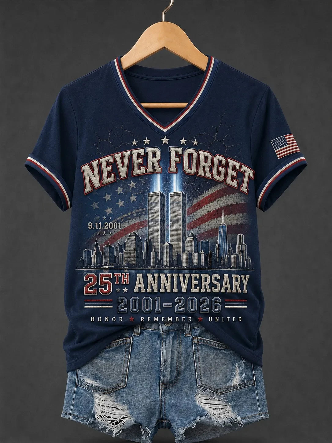 911 25th Anniversary Never Forget V-Neck Shirt 911 Tribute Apparel Best Gift For Sister