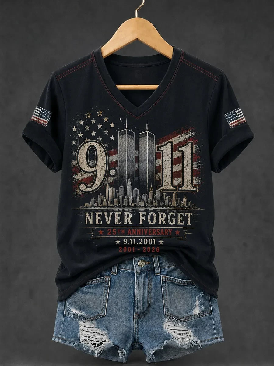 911 25th Anniversary Never Forget V-Neck Shirt 911 Apparel Memorial Gift For Patriots