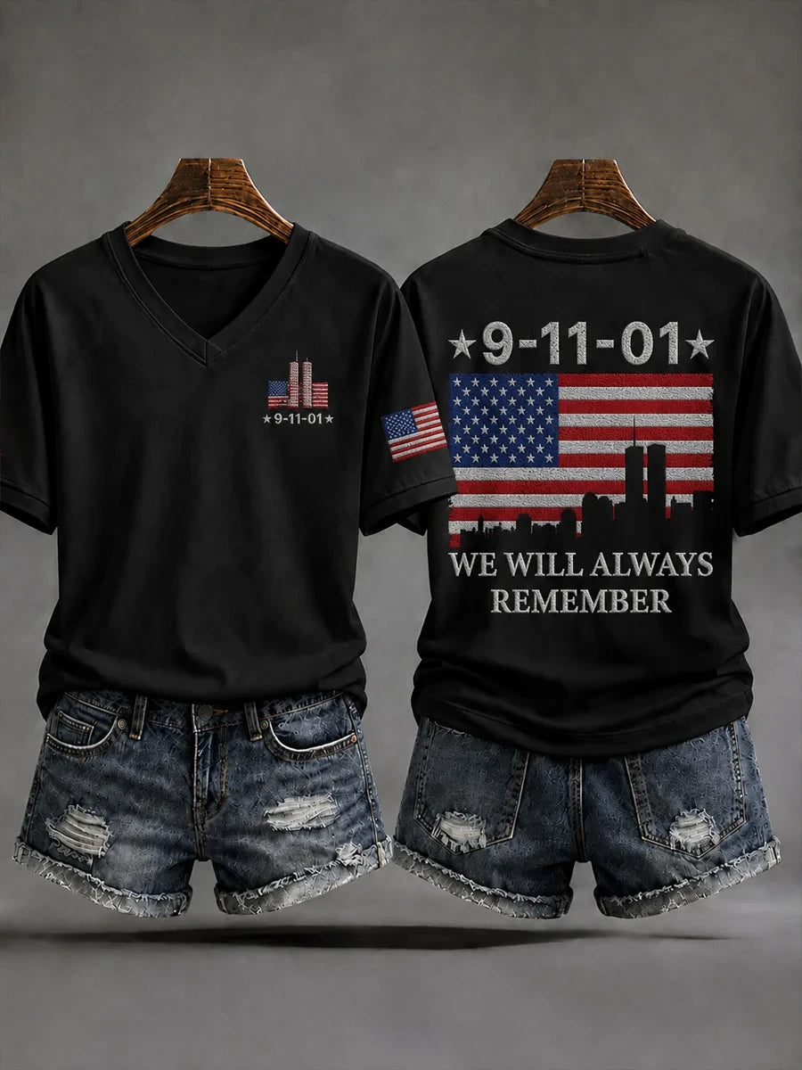 911 25th Anniversary Never Forget V-Neck Shirt We Will Always Remember Shirt Patriotic Gift