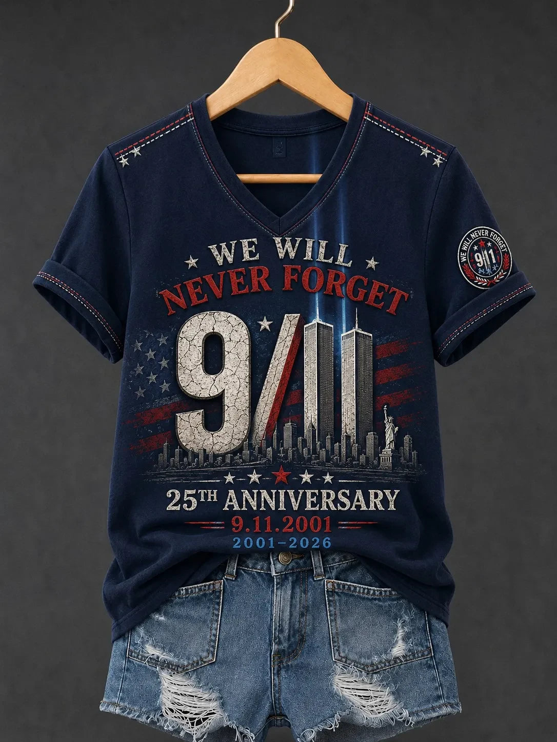 9 11 Never Forget Memorial V-Neck Shirt 9 11 25th Anniversary Never Forget Clothing Best Gift For Sister
