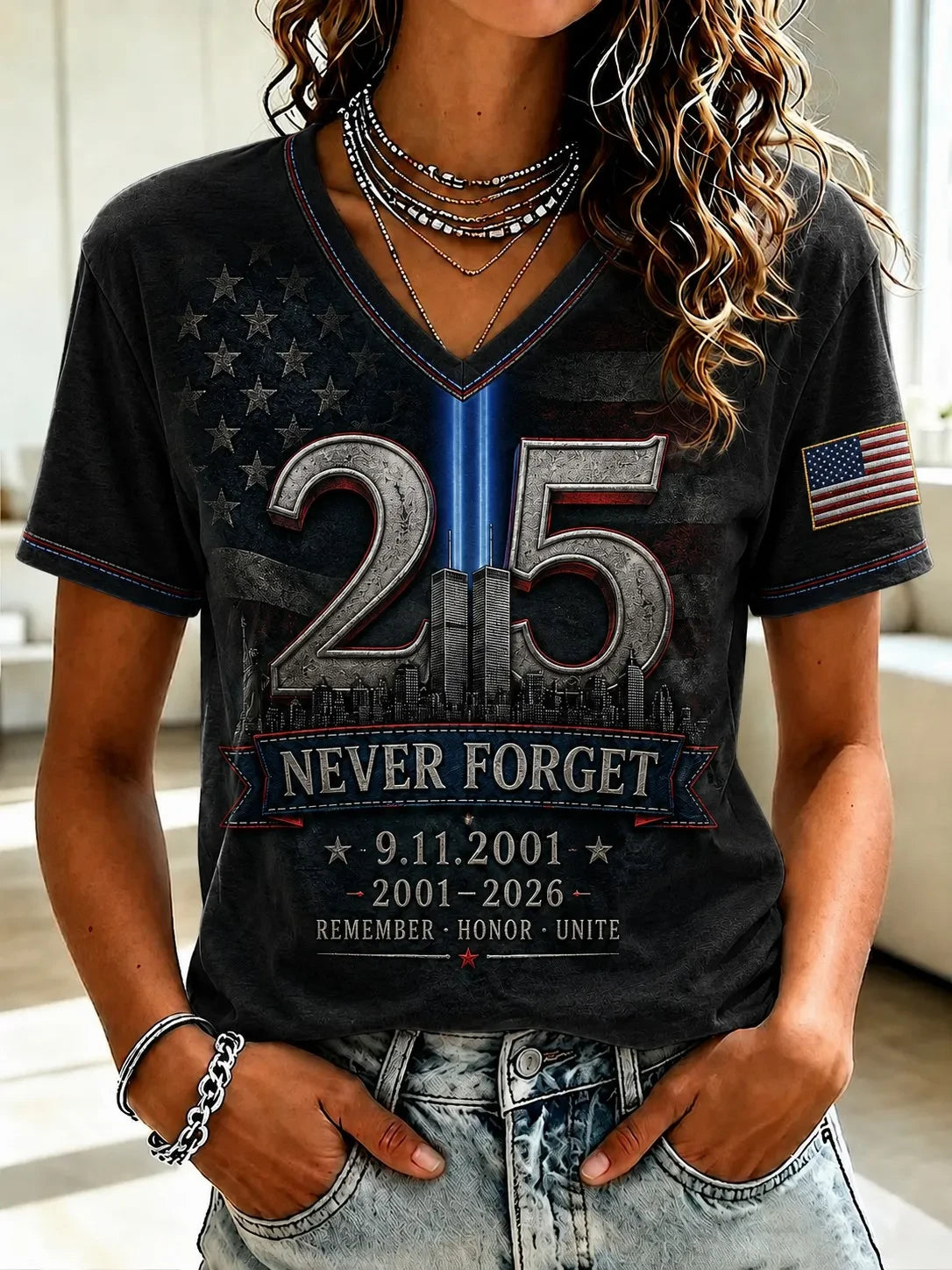 9 11 25th Anniversary Never Forget Vintage V-Neck Shirt 9 11 Anniversary Clothing Tribute Gifts