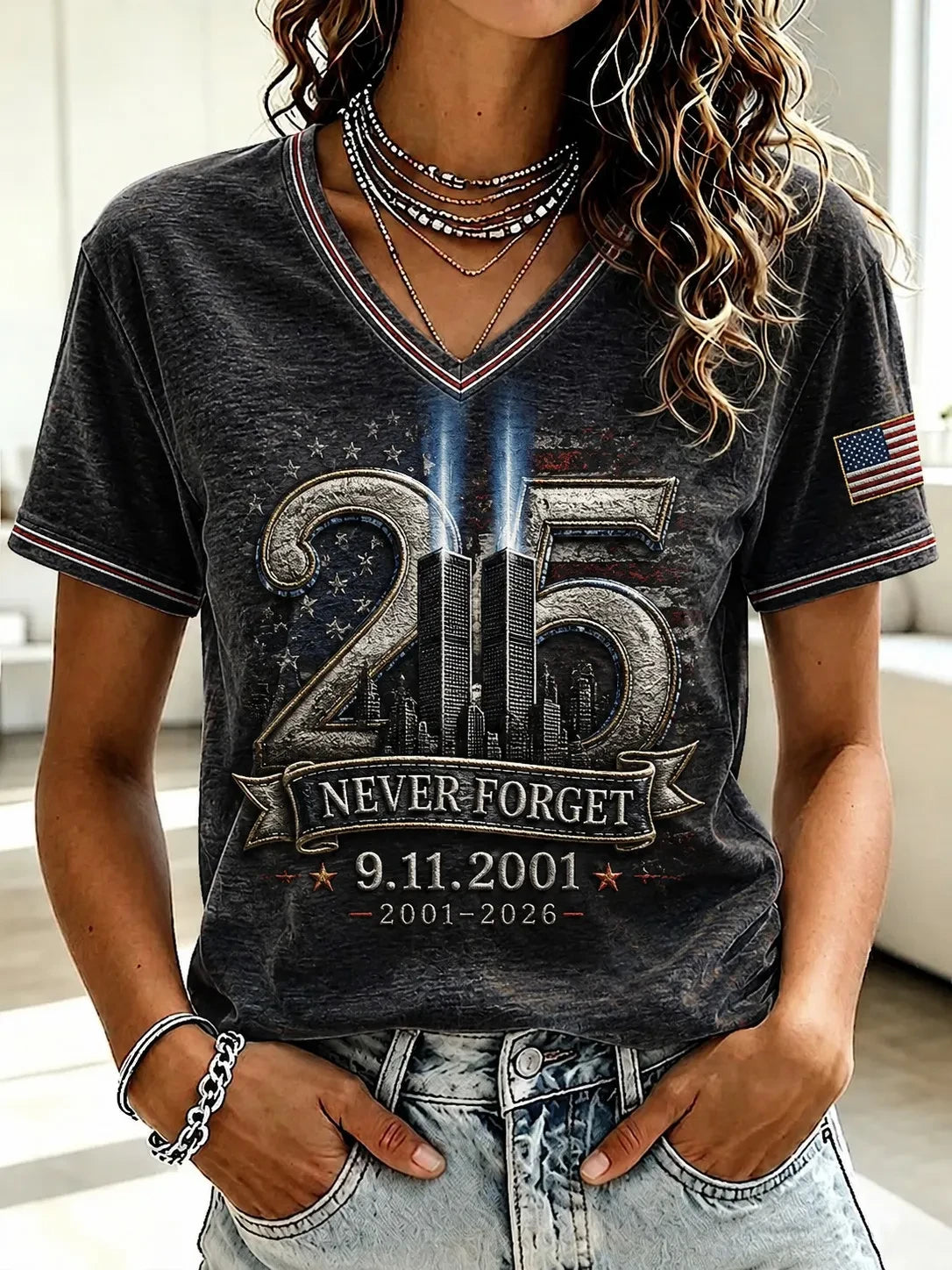 9 11 25th Anniversary Never Forget V-Neck Shirt 9 11 Clothing Gift Ideas For Her