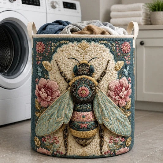 Bee Flower Quilted Laundry Basket Floral Fabric Hamper Queen Bee Storage Bin Gift
