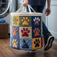 Colorful Paw Quilted Laundry Basket Pet Lover Storage Bin Cute Dog Cat Gift