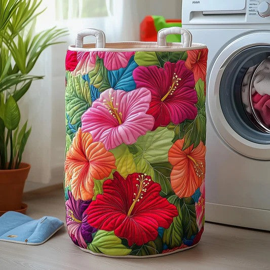 Hibiscus Charm Quilted Laundry Basket Tropical Flower Clothes Hamper Housewarming Gift