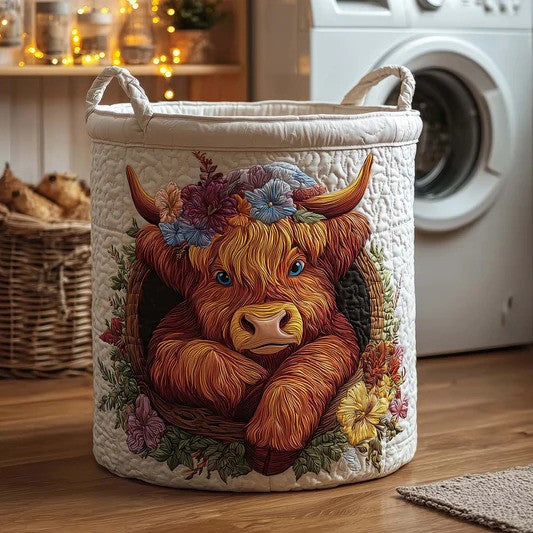 Highland Cow Quilted Laundry Basket Fluffy Calf Storage Bin Farmhouse Hamper Gift Ideas