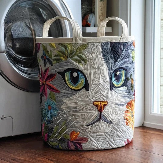 Mystic Cat Eyes Quilted Laundry Basket Cat Lover Hamper Colorful Floral Kitty Gift