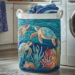 Sea Turtle Quilted Laundry Basket Tropical Marine Reef Ocean Storage Bin Gifts For Her
