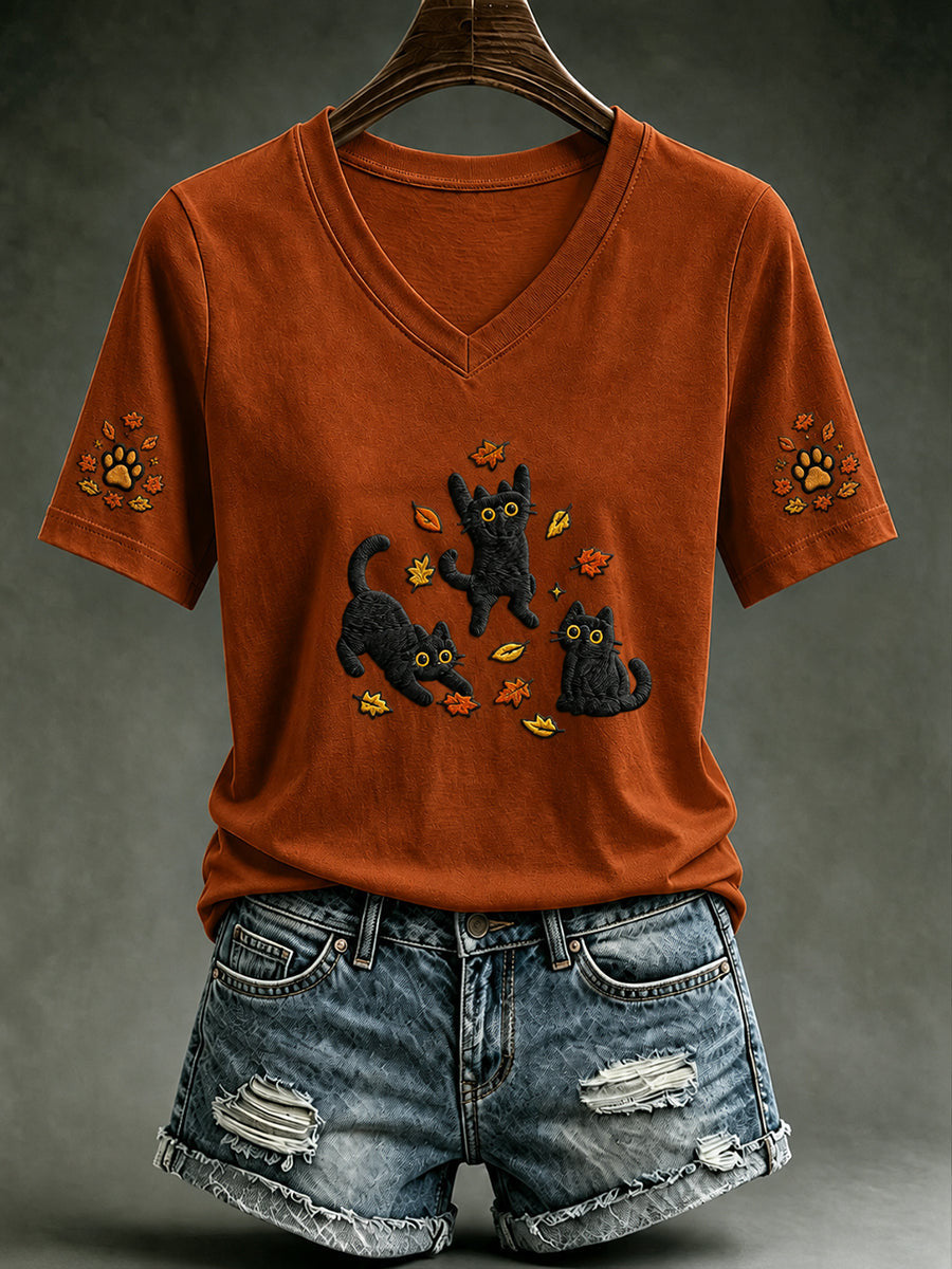 Black Cats And Autumn Leaves V-Neck Shirt Halloween Cats Merch Unique Gifts For Women