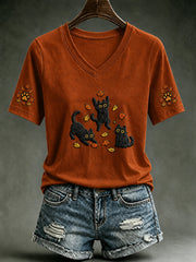 Black Cats And Autumn Leaves V-Neck Shirt Halloween Cats Merch Unique Gifts For Women