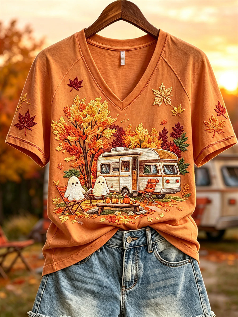 Cozy Ghost Season V-Neck Shirt Autumn Spooky Season Tent Campfire Mummy Merch Halloween Outfits
