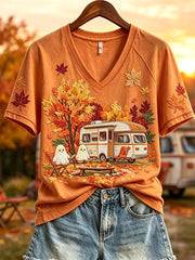 Cozy Ghost Season V-Neck Shirt Autumn Spooky Season Tent Campfire Mummy Merch Halloween Outfits