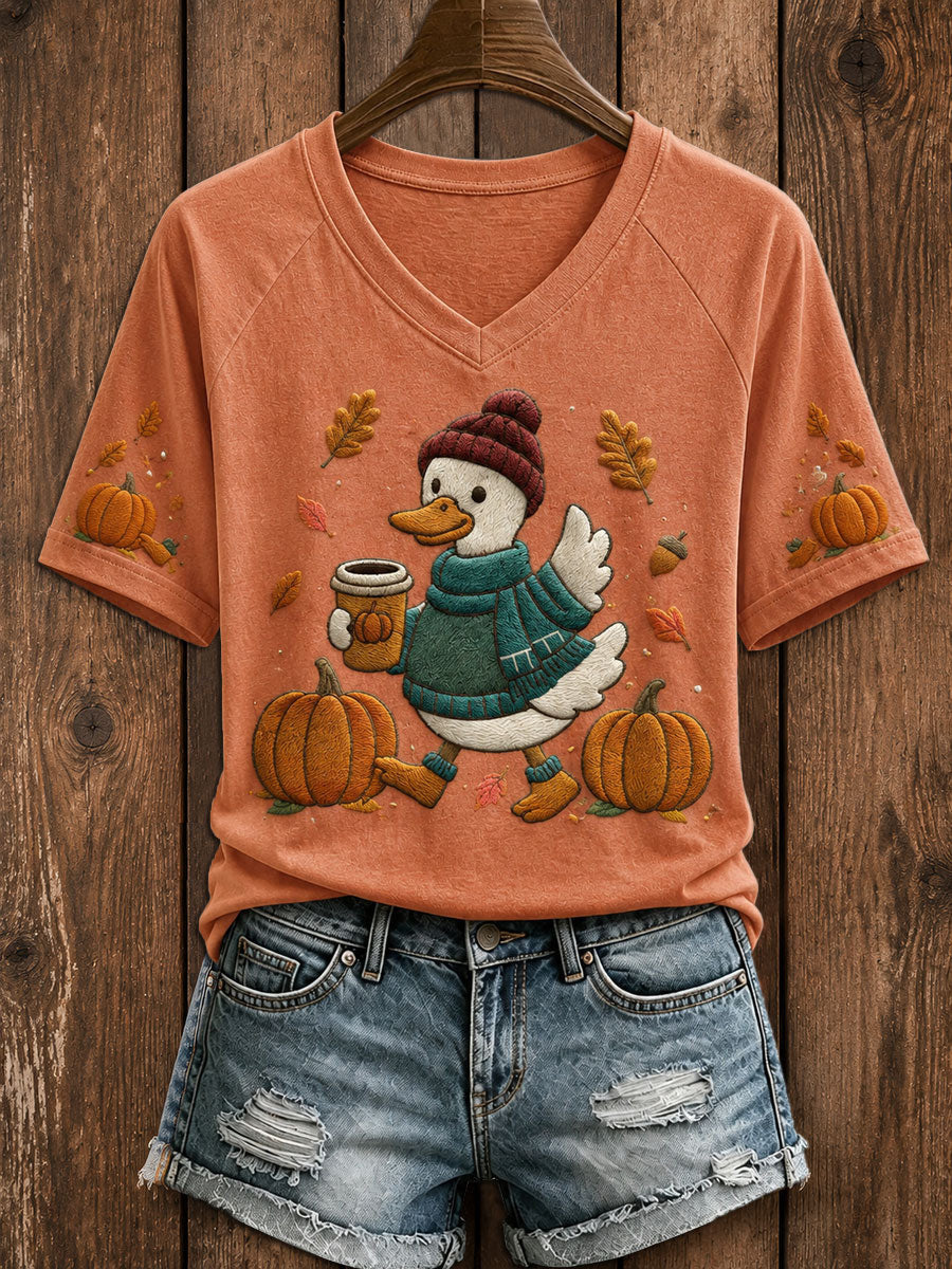 Cute Duck Drinking Coffee Autumn V-Neck Shirt Autumn Halloween Tee Apparel For Spooky Lover