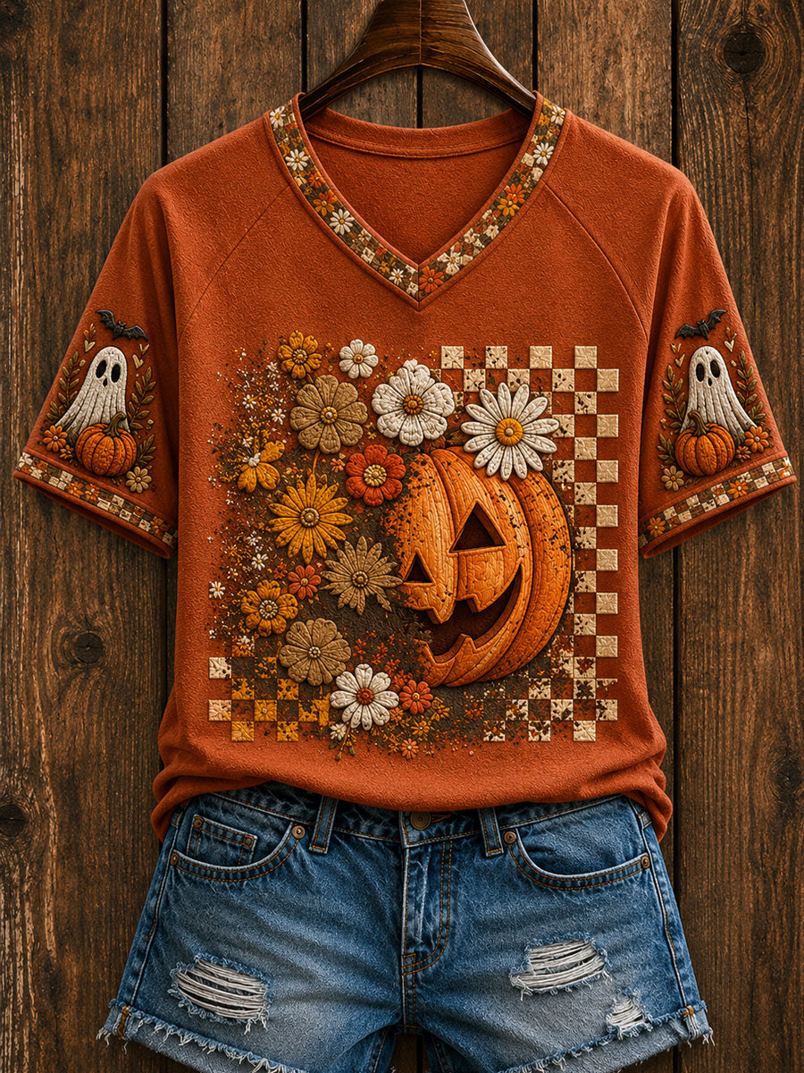Cute Ghost And Pumpkin V-Neck Shirt Halloween Autumn Merch Good Gifts For Wife