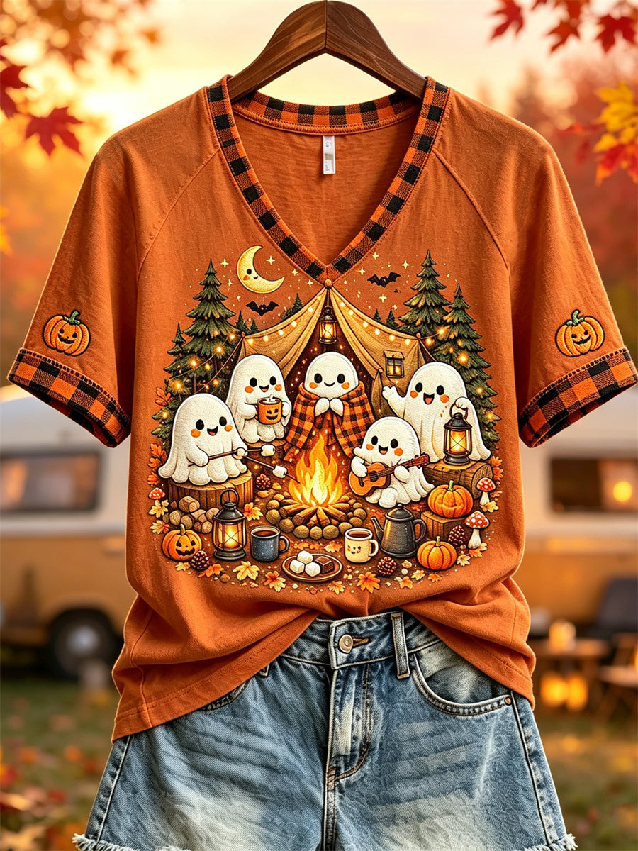 Cute Ghosts Camping V-Neck Shirt Halloween Camping Merch Halloween Gifts For Mom
