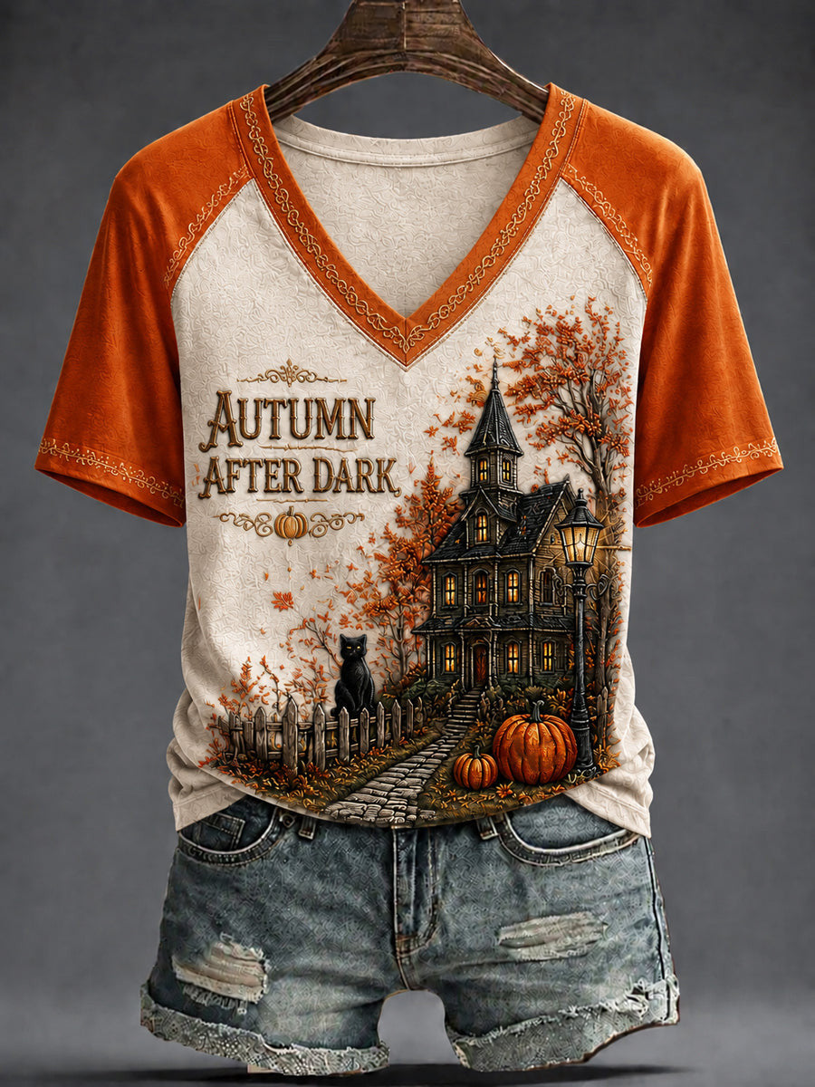 Autumn After Dark V-Neck Shirt Halloween Spooky Merch Best Gifts For Wife