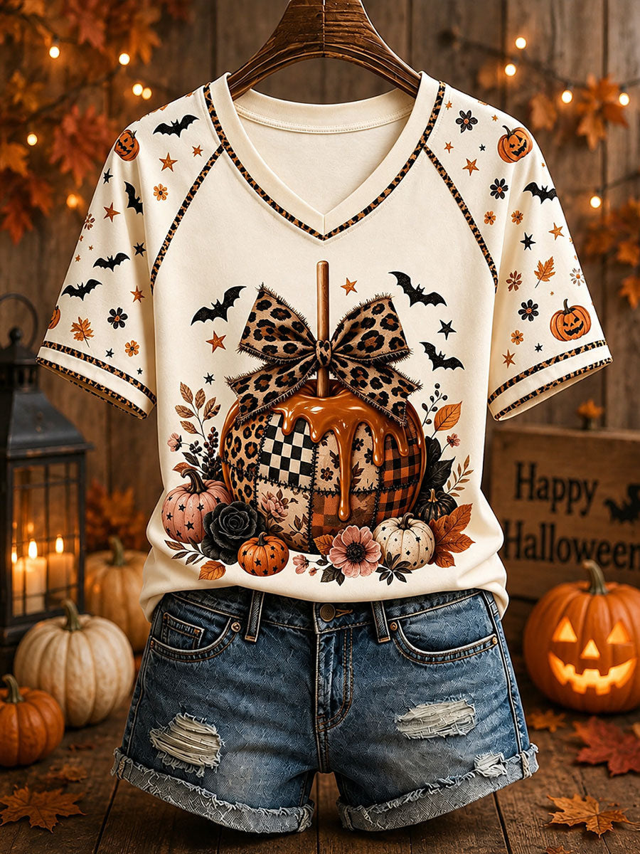Beige Spooky Season Patchwork Pumpkin V-Neck Shirt Halloween Pumpkin Merch Gifts