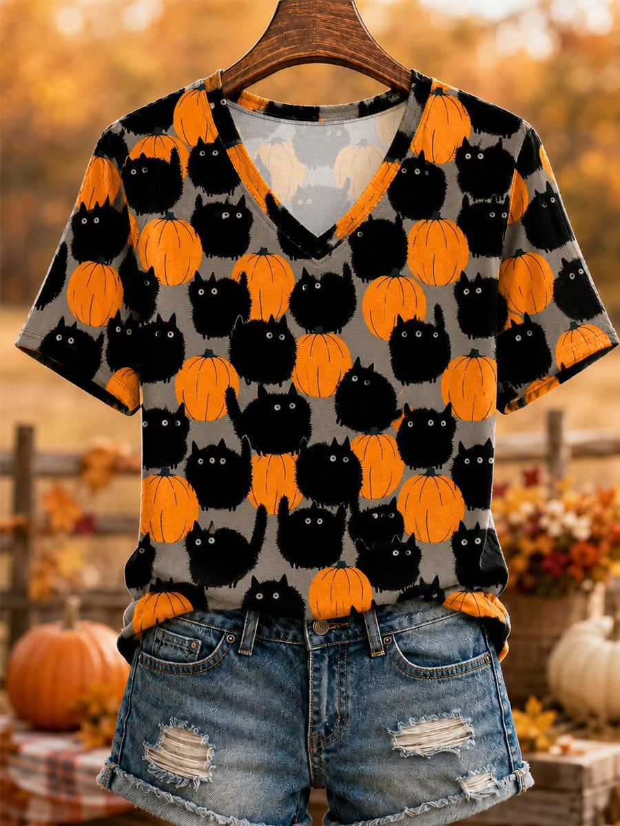 Black Cats And Pumpkins V-Neck Shirt Halloween Cats Shirt Gift Ideas For Wife