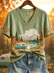 Camping Ghost Season V-Neck Shirt Autumn Cute Mummy Camping Campfire Tee Gift Women Halloween