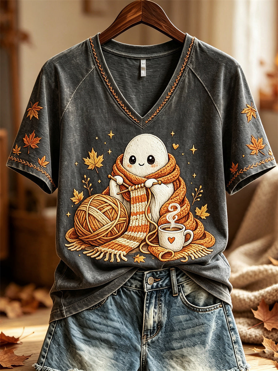 Cozy Ghost Knitting Season V-Neck Shirt Autumn Halloween Tee Great Halloween Apparel Finds