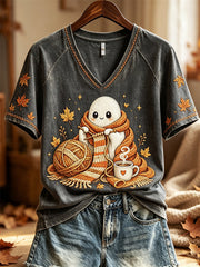 Cozy Ghost Knitting Season V-Neck Shirt Autumn Halloween Tee Great Halloween Apparel Finds