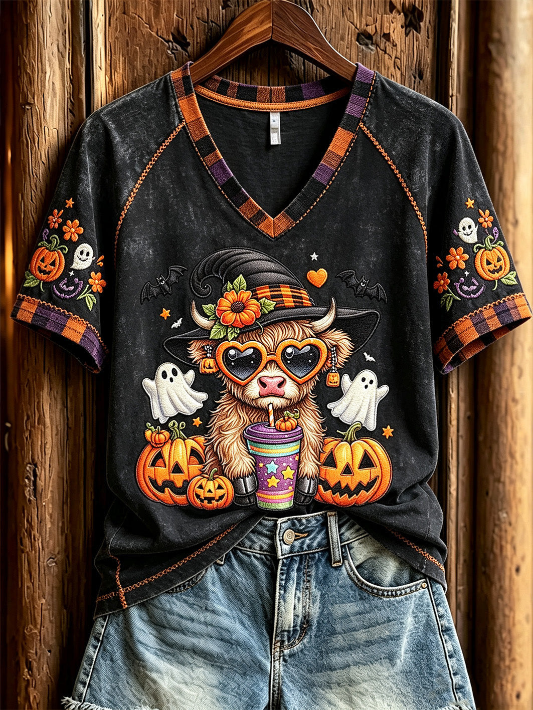 Cute Highland Cow Witch Halloween V-Neck Shirt Halloween Spooky Shirt USeful Gift For Wife