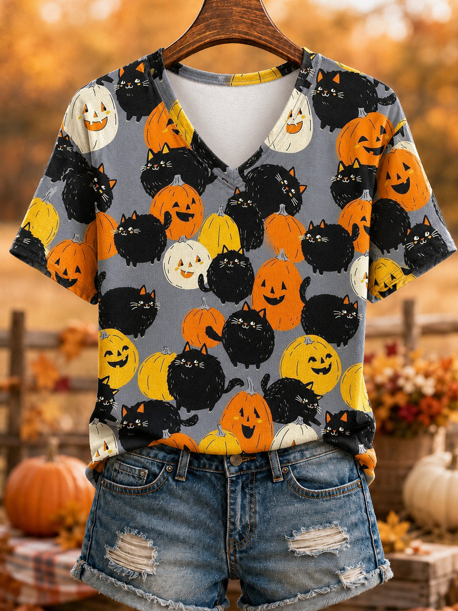Cute Black Cats And Pumpkins V-Neck Shirt Halloween Cats Clothes Great Halloween Apparel Ideas