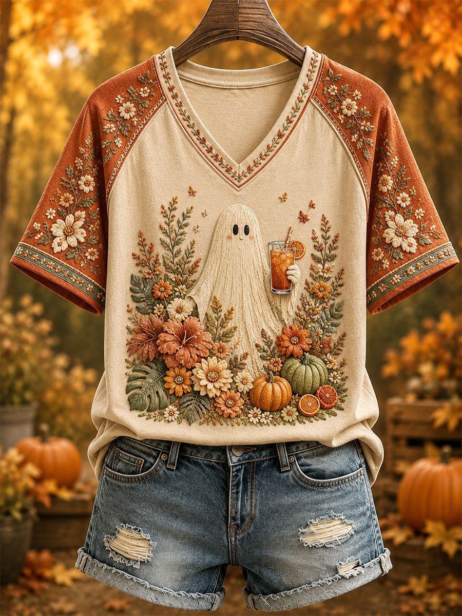 Cute Ghost With Drink V-Neck Shirt Autumn Halloween Tee Best Halloween Gifts