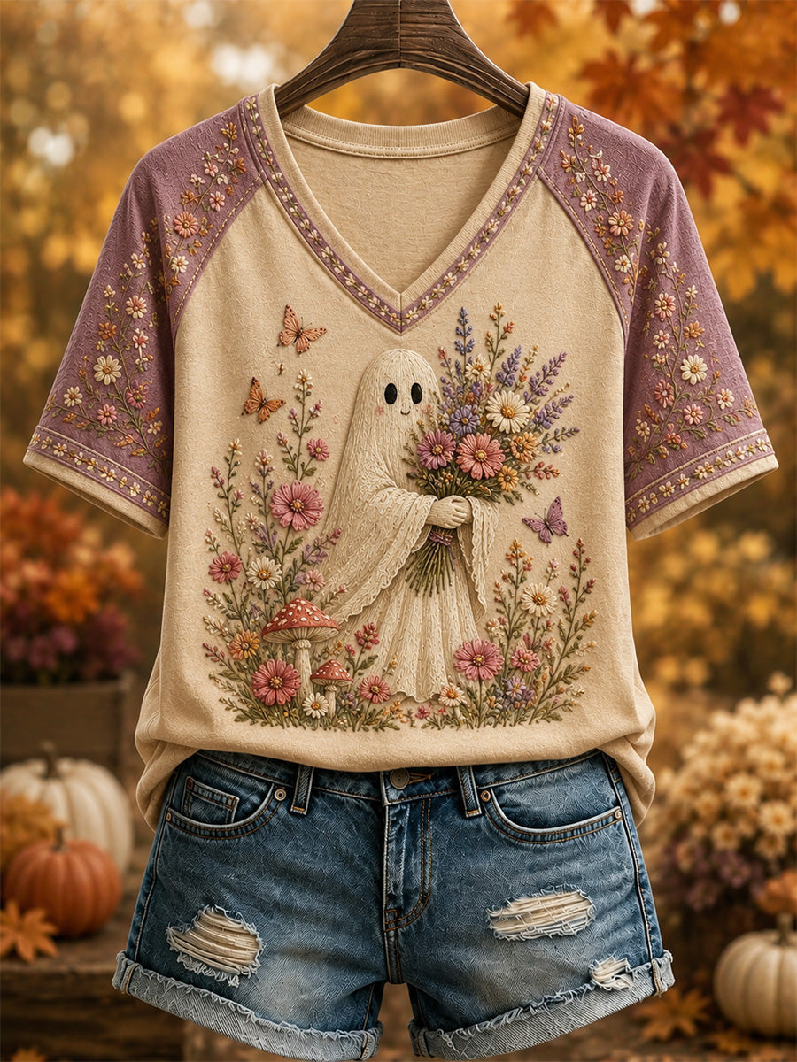 Cute Ghost With Flowers V-Neck Shirt Halloween Autumn Merch Unique Apparel Gift