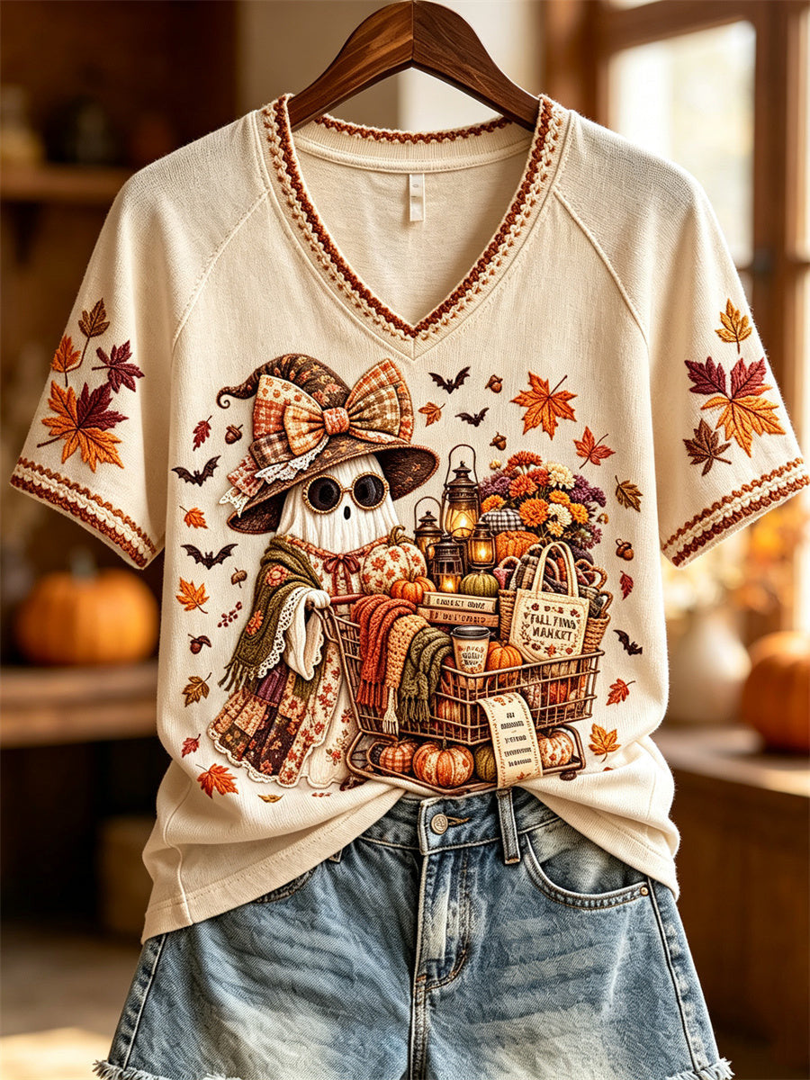 Cute Ghost With Shopping Cart Autumn V-Neck Shirt Autumn Halloween Shirt Gifts Ideas